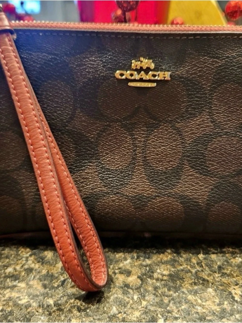 Coach Signature Zip Wallet Wristlet in Brown with pink trim